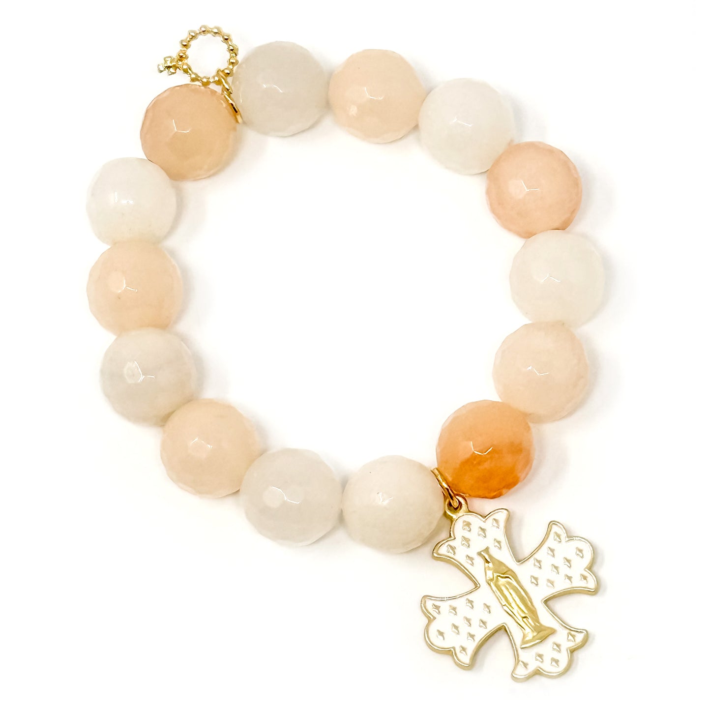 Faceted Pink Aventurine with White Enameled Blessed Mother Cross