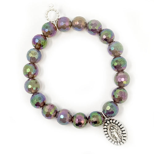 10mm Faceted Twilight Agate with Silver Dotted Blessed Mother