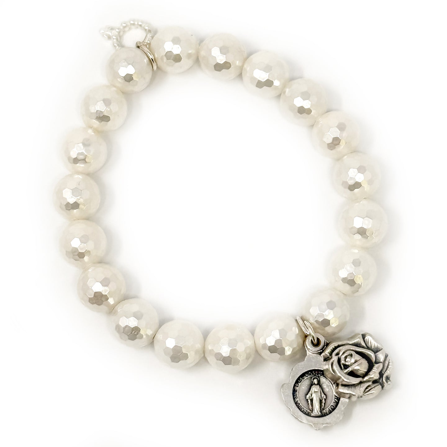 10mm Faceted White Mother of Pearl with Rose Blessed Mother Locket