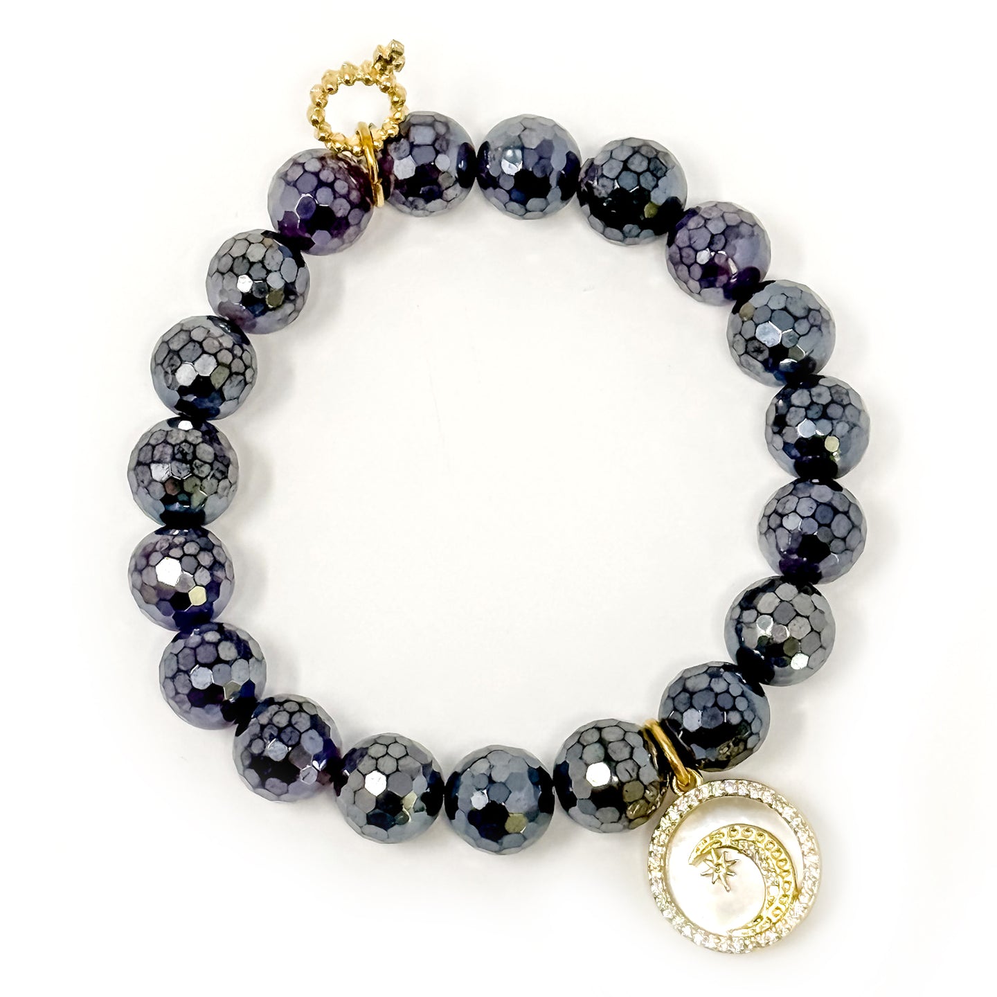 10mm Faceted Iridescent Black Onyx with Mother of Pearl Moon