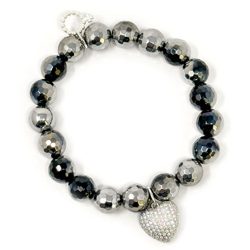 10mm Faceted Black and Silver Tuxedo Agate with Pave Heart