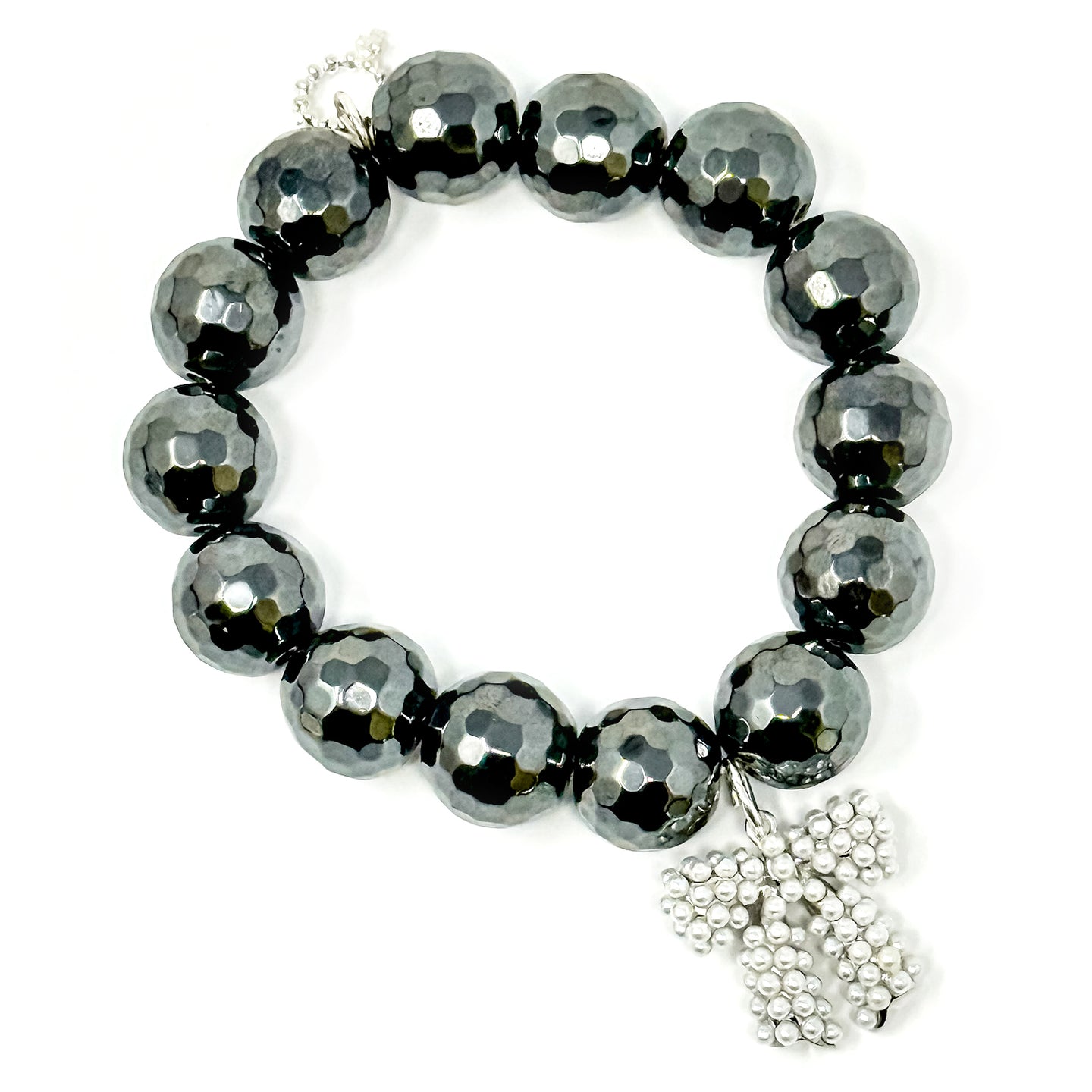 Faceted Gunmetal Hematite with Silver Pearl Bow