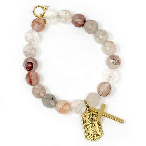 10mm Faceted Pink Champagne Quartz with St. Jude and Cross