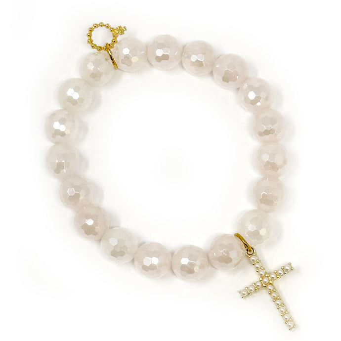 10mm Faceted Iridescent Rose Quartz with Gold Pearl Cross