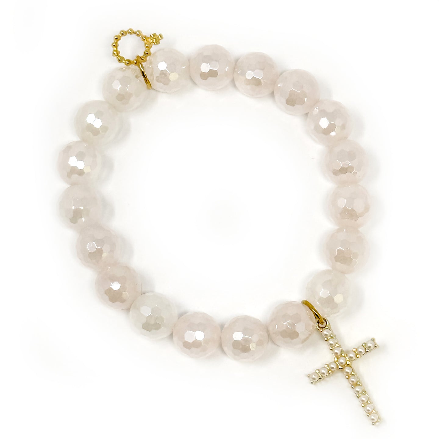 10mm Faceted Iridescent Rose Quartz with Gold Pearl Cross
