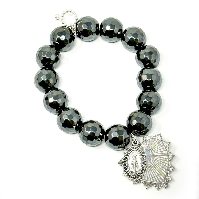 Faceted Gunmetal Hematite with Silver Heart and Blessed Mother
