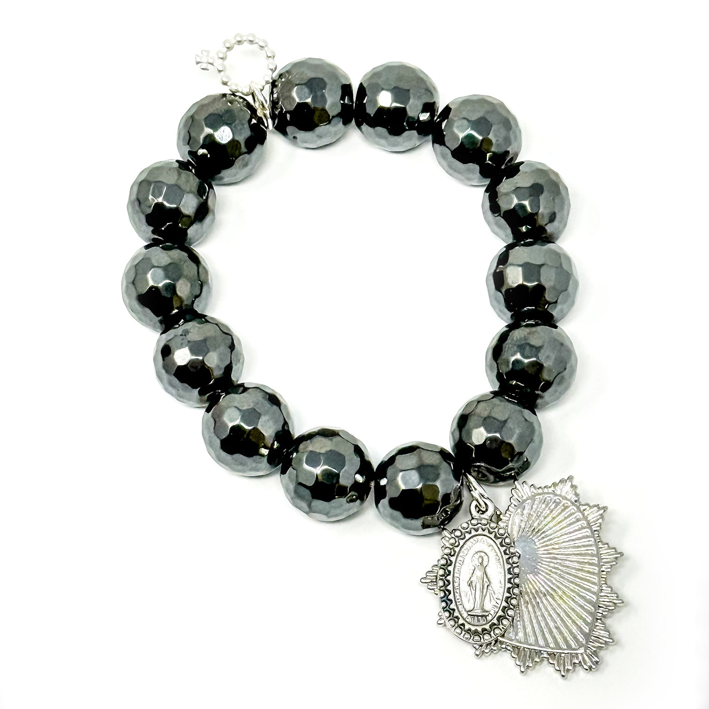 Faceted Gunmetal Hematite with Silver Heart and Blessed Mother