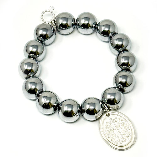 Silver Hematite with Matte Silver Cross