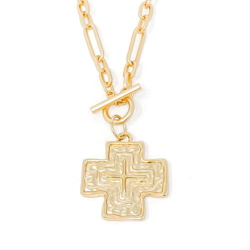 Modern Paperclip Toggle Necklace with Large Matte Gold Cross