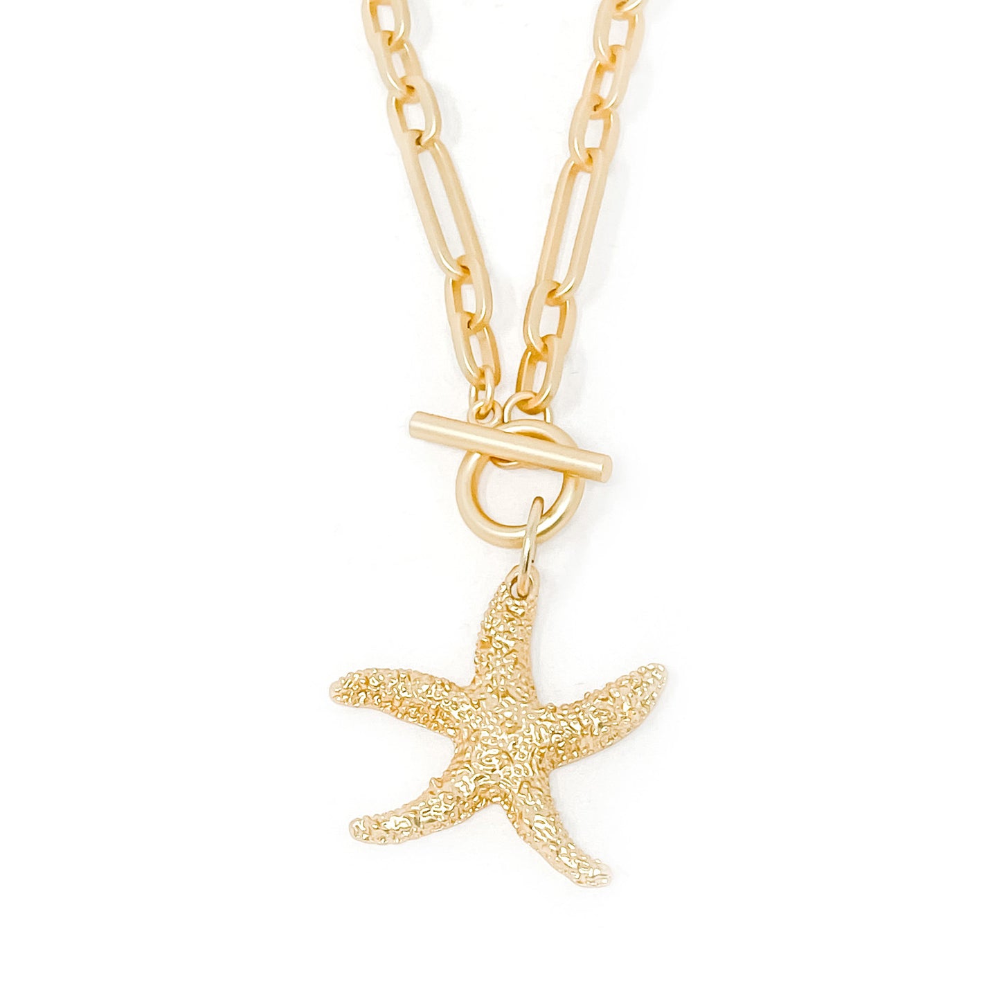 Modern Paperclip Necklace with Matte Gold Starfish