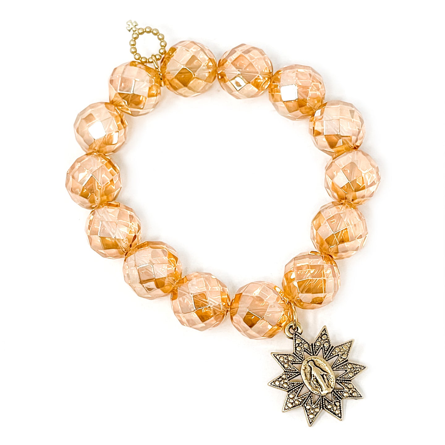 Faceted Gold Iridescent Quartz with Star Burst Blessed Mother