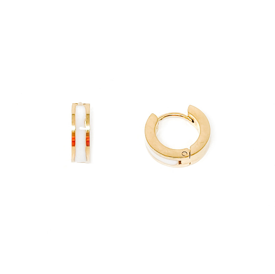 Non-Tarnish Gold Filled Petite White Enameled Striped Huggie Hoops Earrings