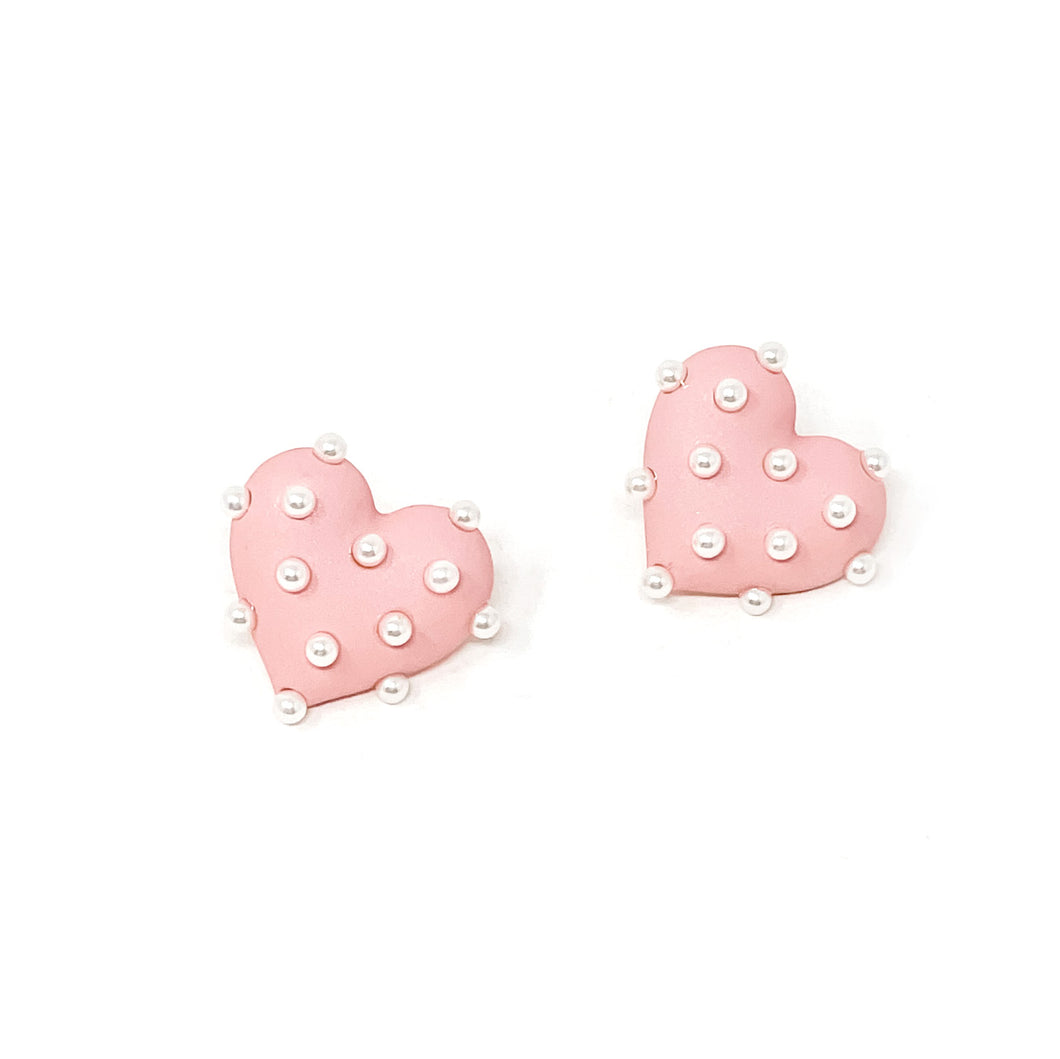 Blush Pink Puff Heart with Pearl Accent Earrings