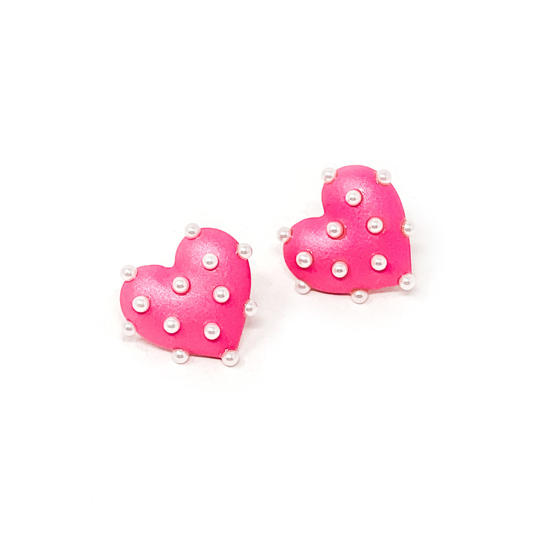 Hot Pink Puff Heart with Pearl Accent Earrings