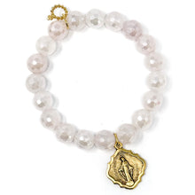10mm Faceted Iridescent Rose Quartz with Petite Gold Shield Blessed Mother