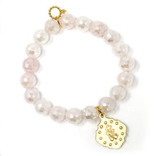 10mm Faceted Iridescent Rose Quartz with Petite Gold Shield Blessed Mother