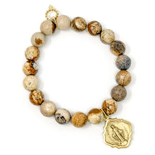 10mm Faceted Picture Jasper with Gold Shield Blessed Mother