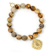 10mm Faceted Picture Jasper with Gold Shield Blessed Mother