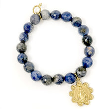 10mm Faceted Dumortierite with Gold Scalloped Blessed Mother