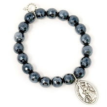 10mm Faceted Iridescent Black Onyx with Silver Guardian Angel