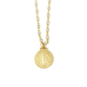 18" Crystal Bezel Necklace with Gold Classic Miraculous Medal