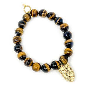 10mm Tiger Eye with Gold St. Michael Shield