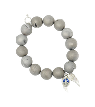 Grey Druzy Agate with Silver Angels Wings and Blue Blessed Mother