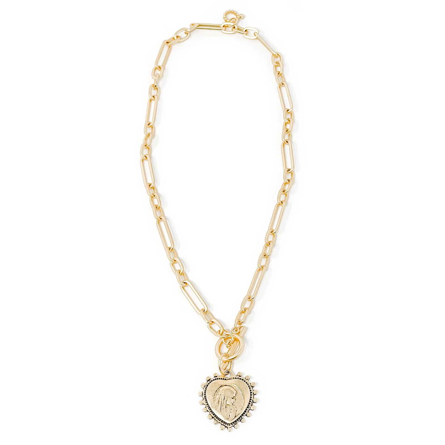 Modern Paperclip Toggle Necklace featuring Gold Blessed Mother Heart