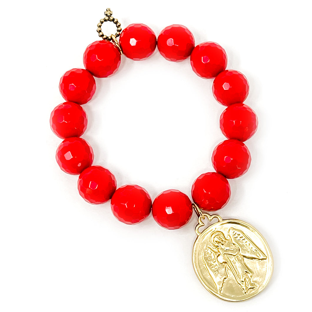 Faceted Cardinal Red Agate with Large Gold Guardian Angel