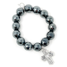 Faceted Gunmetal Hematite with 5-Way Silver Cross