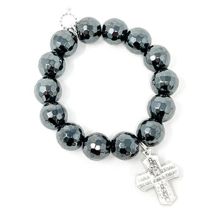 Faceted Gunmetal Hematite with 5-Way Silver Cross