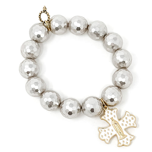 Faceted Mother of Pearl with White Enameled Mary Cross