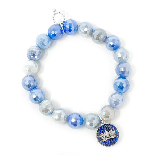 10mm Faceted Periwinkle Stripe Agate with Blue Pave Lotus Flower