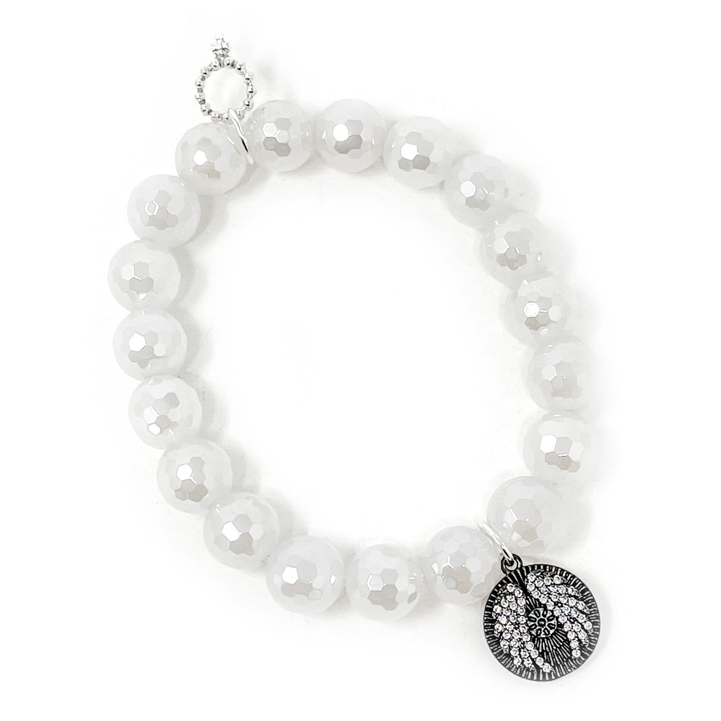 10mm Faceted White Iridescent Agate with Pave Angels Above
