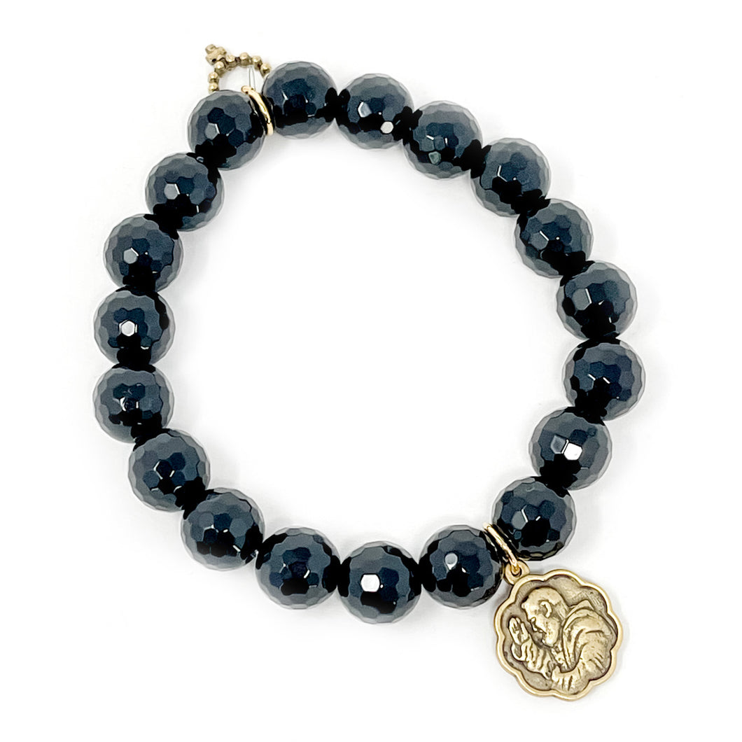 10mm Faceted Black Onyx with Gold Scalloped St. Padre Pio
