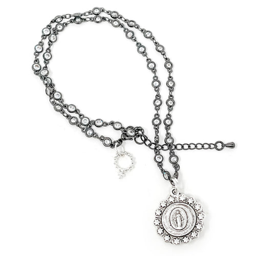 18” Gunmetal Crystal Bezel Necklace with Silver Star Surround Blessed Mother