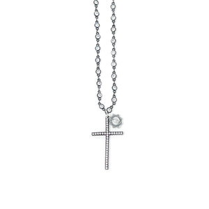 18" Gunmetal Crystal Bezel Necklace with Crystal Cross and Blessed Mother