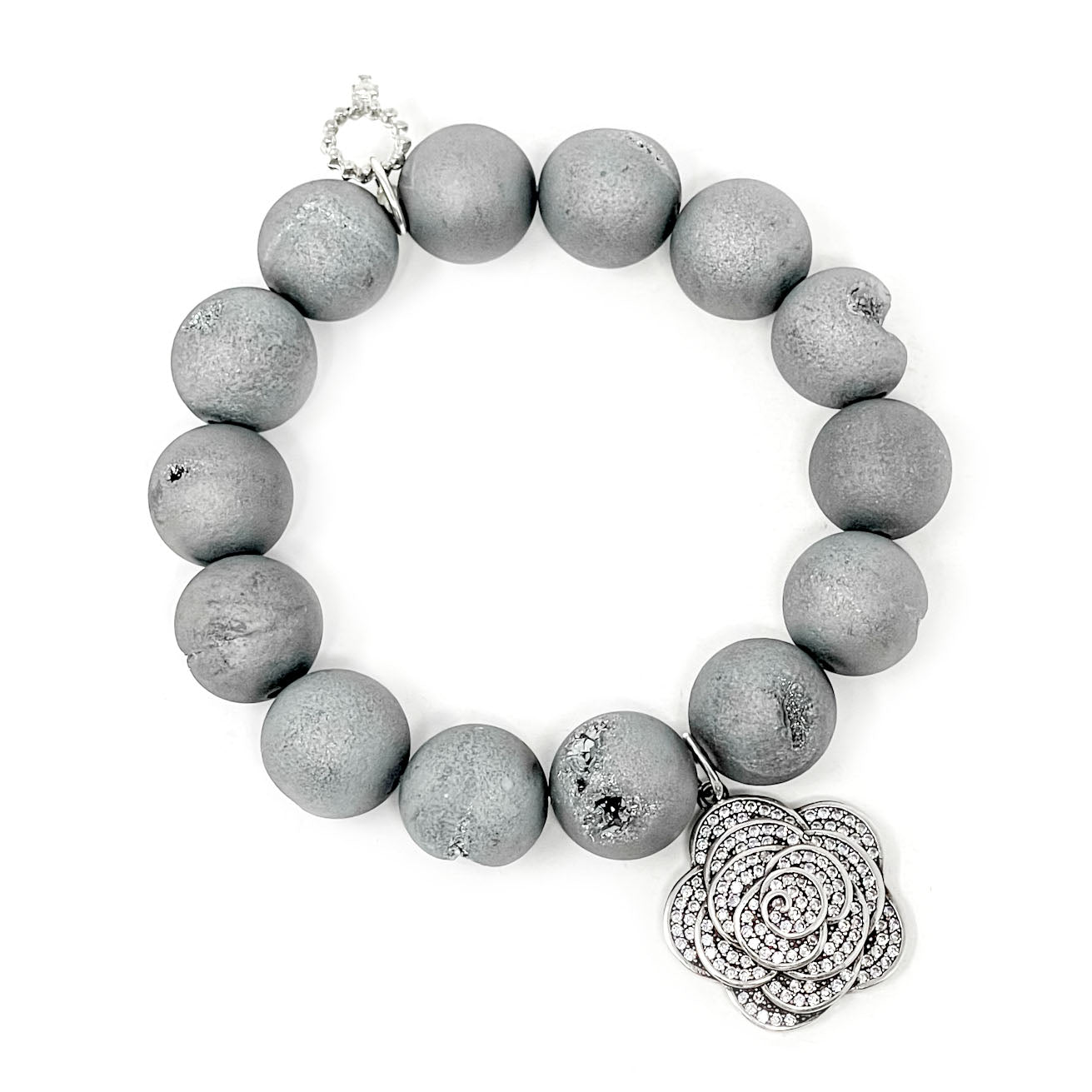 Matte Silver Druzy Agate with Pave Rose