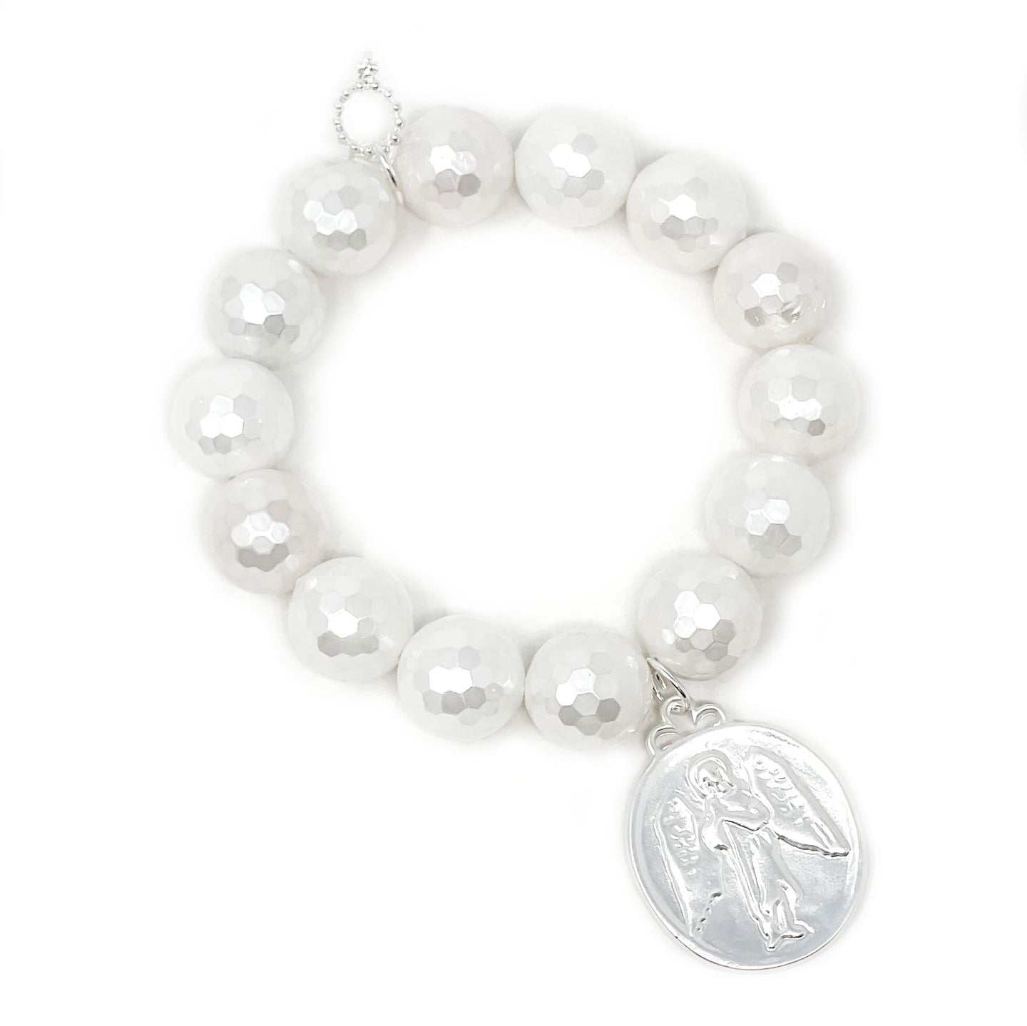 Faceted White Mother of Pearl with Matte Silver Guardian Angel