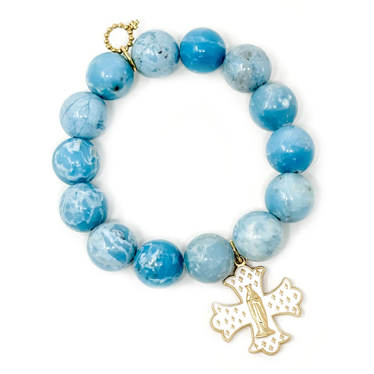 Blessed Mother Blue Agate with White Enameled Mary Cross