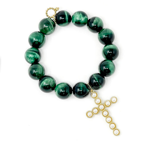 Evergreen Tiger Eye with Pearl Cross