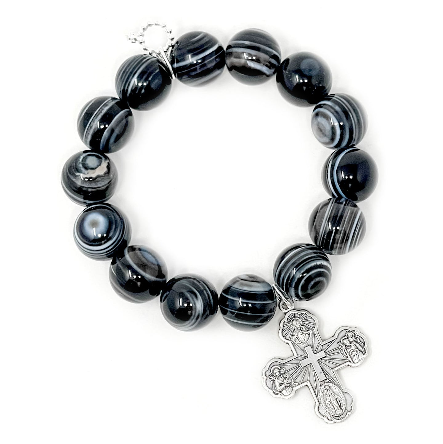 Smoke Striped Agate with Silver 5-Way Cross