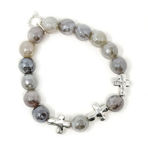 10mm Iridescent Platinum Agate with Silver Crosses