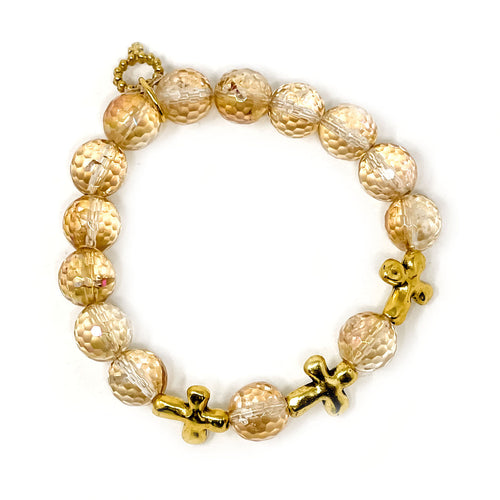 10mm Faceted Gilded Gold Quartz with Gold Crosses