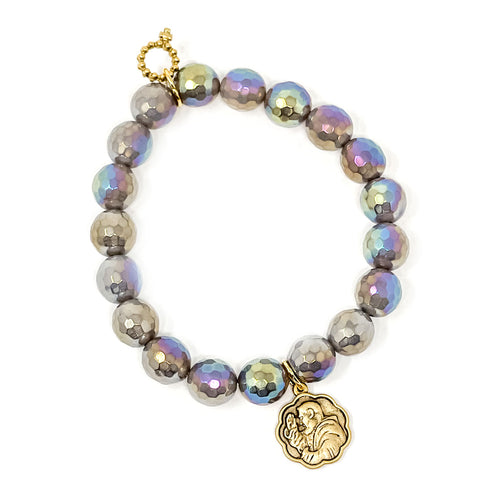 10mm Faceted Iridescent Grey Agate with Gold Scalloped St. Padre Pio