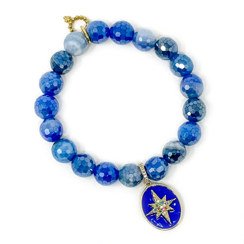 10mm Faceted Blue Skies Agate with Blue Enameled North Star