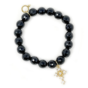 10mm Faceted Black Onyx with Pearl Cross