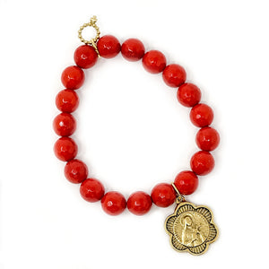 10mm Faceted Cardinal Red Agate with Gold Scalloped St. Therese'