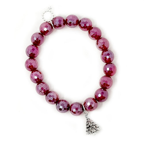 10mm Faceted Iridescent Cranberry Agate with Silver Christmas Tree