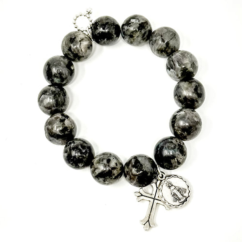 Charcoal Jasper with Silver Blessed Mother and Fleur Cross